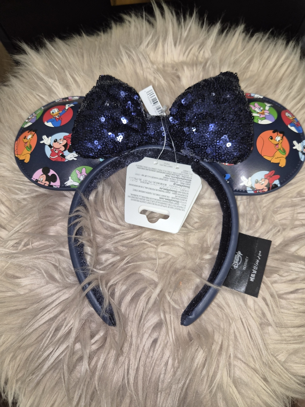 Disney Navy Sequin Bow Minnie Mouse Ear Headband with Character Print